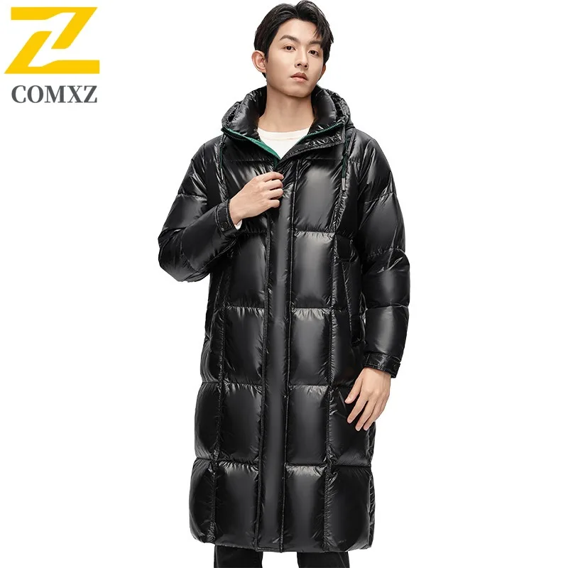 Comxz High-end Mens Down Jacket 2025 New Winter Fashion Bright Long Waterproof 90% White Duck Down Coat Snow Ski Puffer Parkas