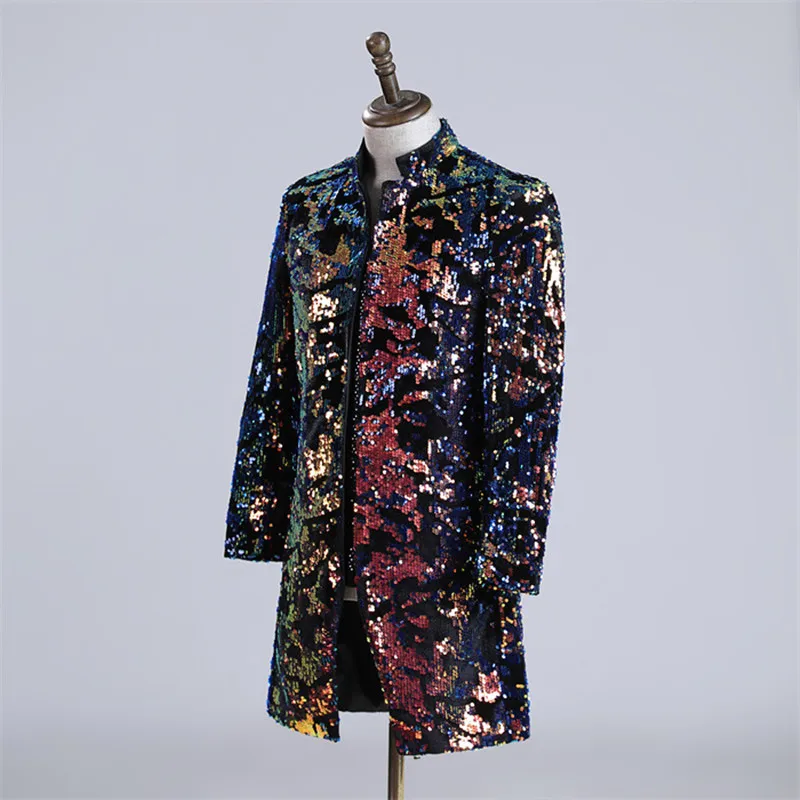 

New Style Men's Sequins Middle Length Suit Jacket Colorful Sequined Long Blazer for Singer Singer Host Stage Performance Tuxedo