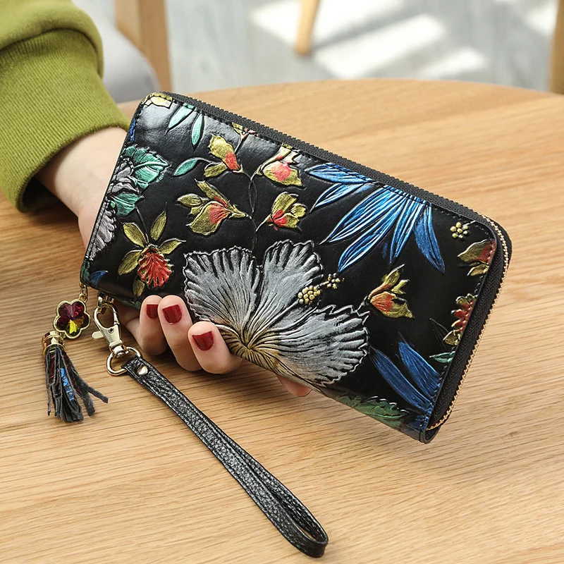 

RFID Women Wallets Genuine Leather Coin Purse Floral Ladies Leather Wallet Big Female Cowhide Clutch Bag