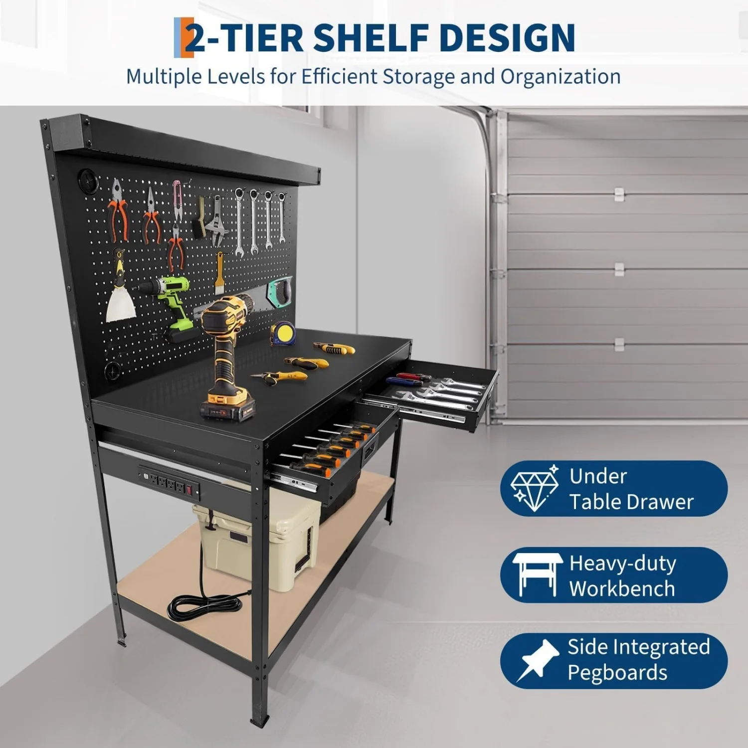 Heavy Duty Adjustable Workbench – Pegboard, 2 Drawers, Under Shelf, Power Outlet, Rubber Wood Top, Rolling Metal Table – Versatile Tool Storage for Garage, Workshop, Basement
