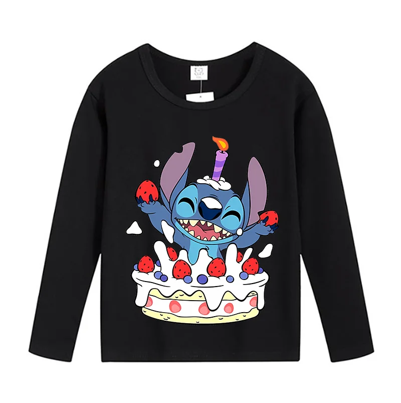 Lilo & Stitch Long Sleeves T-shirt Angel Sweat Absorption Blouse Spring Autumn Style Crewneck Sweatshirt Girl Boy Birthday Gift