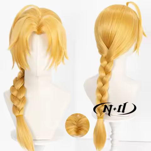 ND Edward Elric Cosplay Wig Anime Fullmetal Alchemist Cosplay Golden-blond Hair Wig for Comic-Con Halloween Theme Party