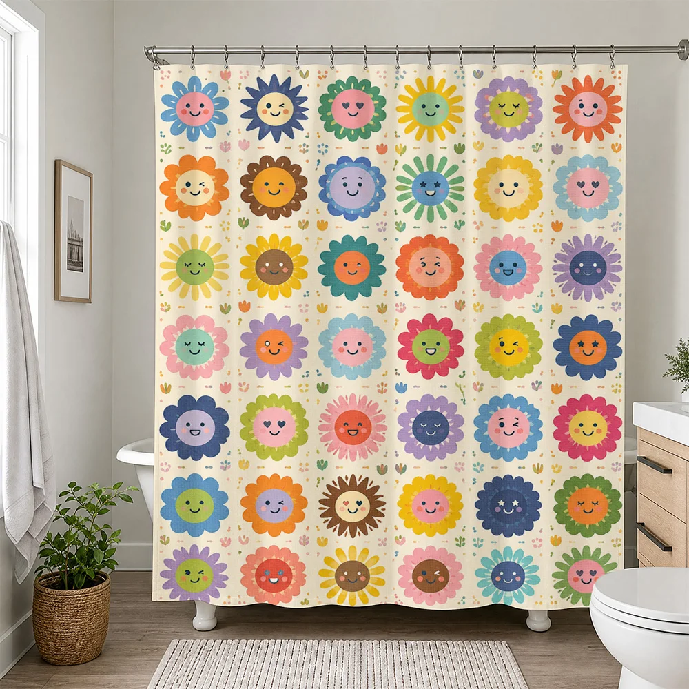 Cute Floral Rainbow Shower Curtain Bathroom Decor Bright Colorful Sun Flower Pattern Waterproof Shower Curtain Liner