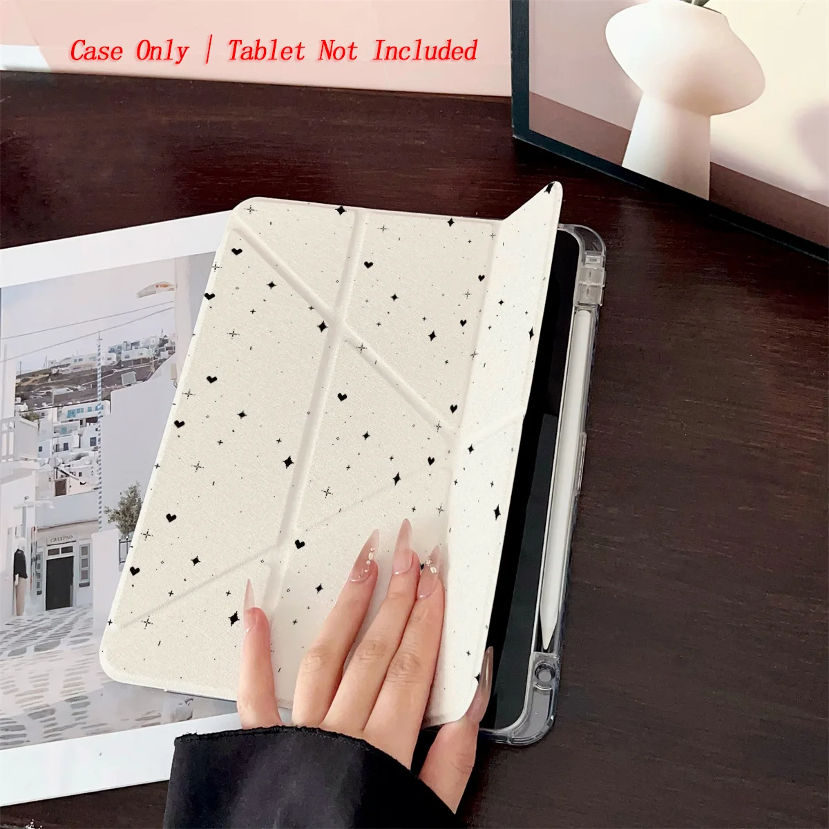Modern Playful Y-Fold Tiny Black Hearts & Diverse Motifs iPad Cover For Apple iPad 9th-10th Gen Air 5 Mini 6 Shockproof Case