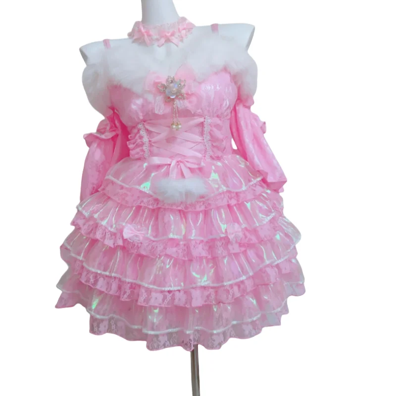 

Кружевное платье принцессы с бантом и рюшами, милое розовое глянцевое платье в стиле Лолиты на подтяжках с открытыми плечами, платье для косплея Sissy Maid COS