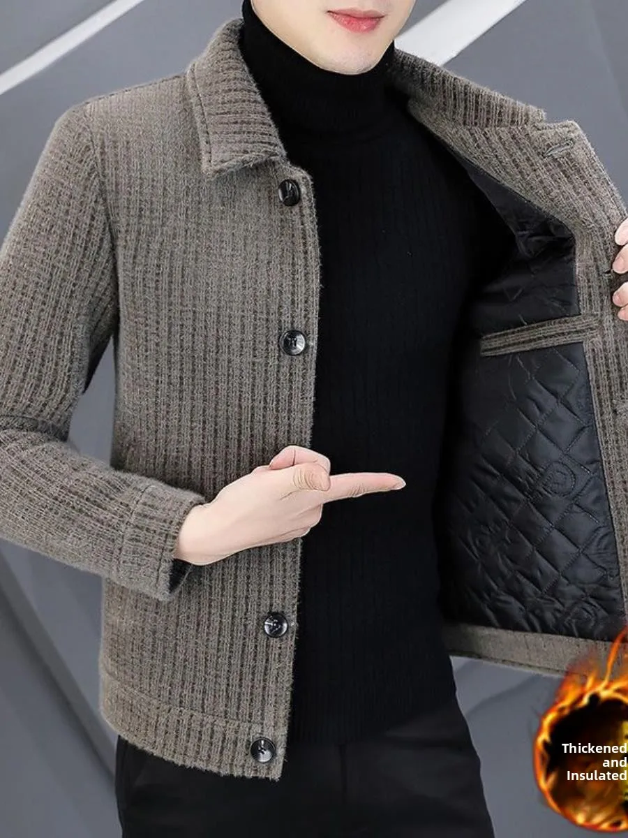 

Autumn Winter Men's Water Ocelot Velvet Jaet Collared Thiened ort Sle Youth Woolen Coat Warm Windproof Faionable