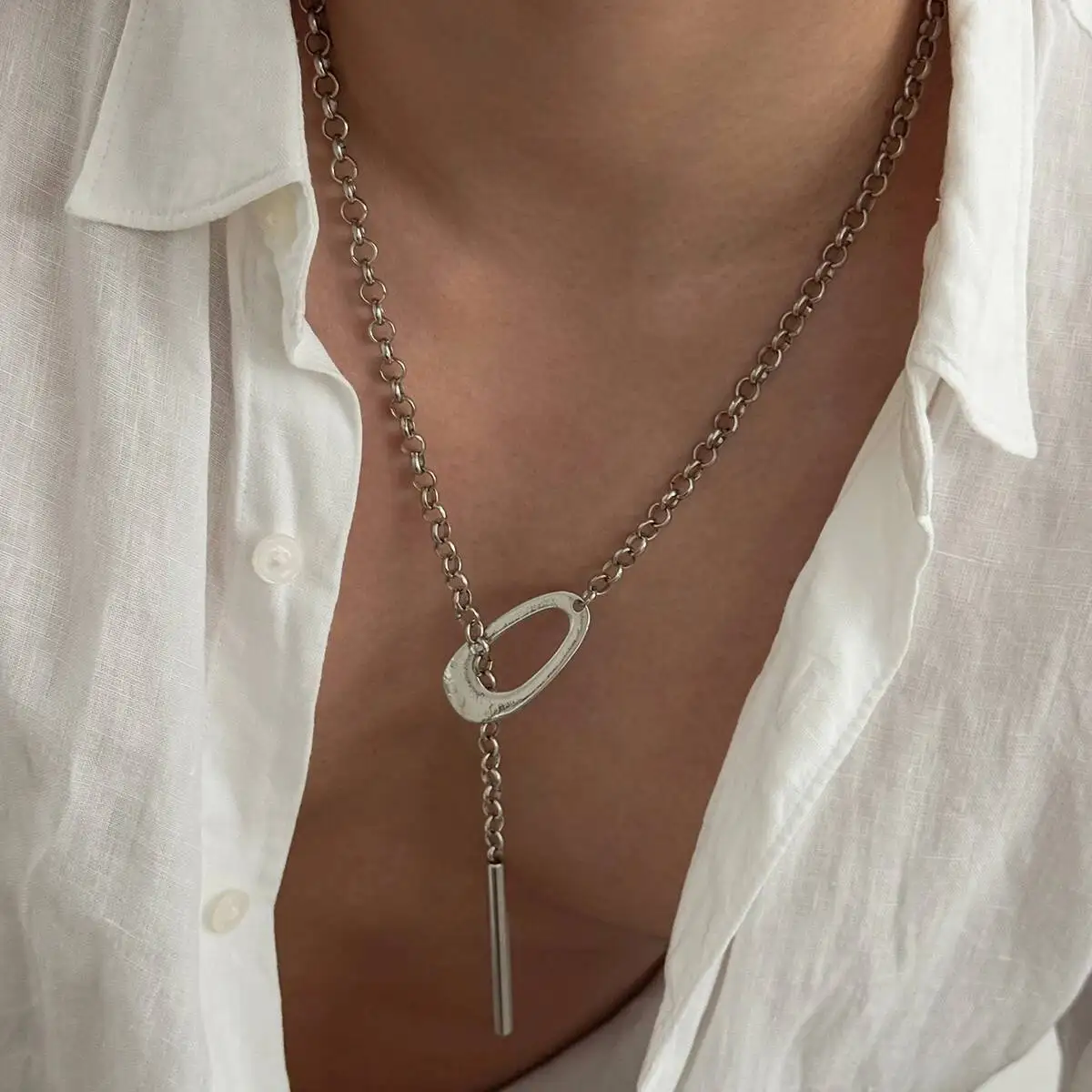 KunJoe Punk Long Bar Silver Color Pendant Women Men Vintage Y-Shaped Creative Chunky Adjustable Clavicle Chain Jewelry Accessor