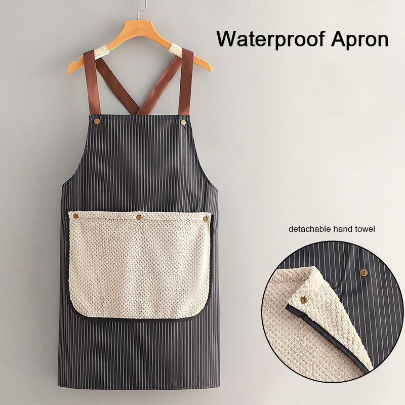  Waterproof Kitchen Apron Sleeveless Cross Back Restaurant Uniform with Removable Hand Towel Anti-fouling Cooking Baking Bibs 