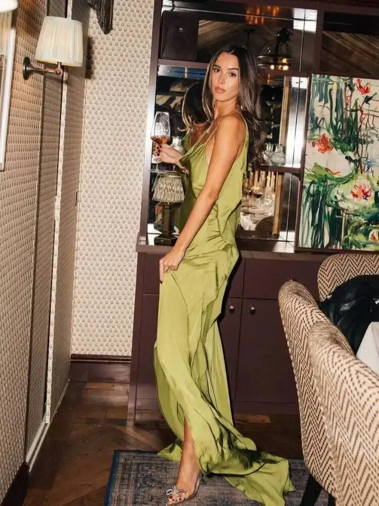 Elegant Green Satin Ruffles Sling Long Dress Women Sexy Backless Sleeveless Split Slim Dresses Lady 2025 Party Club Vestidos 1I8