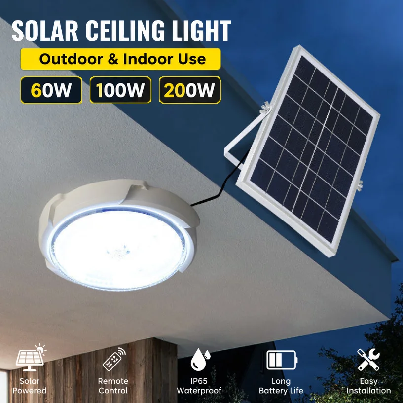 Solar Ceiling Light 60W-200W LED Lamp with Remote IP66 Waterproof Home Top Ceiling Living Room Garden Garage Workshop Lighting