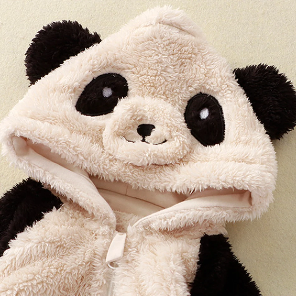 Toddler Long Sleeves Bunny Panda Cartoon Plush Bodysuits Cute Warm Hooded Zipper Home Wear Clothes Baby Girls Boys Rompers