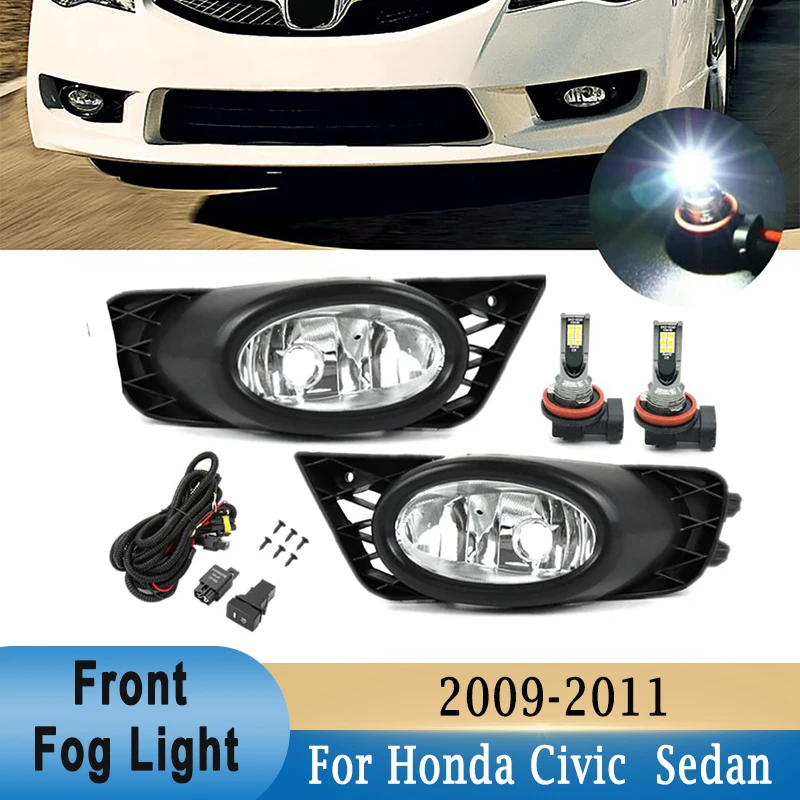 

For Honda Civic Sedan 2009-2011 4Door Front Bumper Fog Light Driving Lamp with White LED / Amber Halogen Bulb + Wiring + Switch