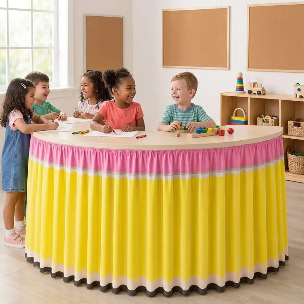 Cartoon Pencil Ruffled Table Skirt Elastic Edge Wrinkle Resistant Crescent Table Skirting School Stationery Theme Polyester