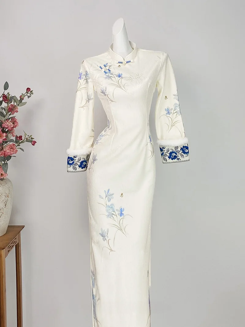 

Зимнее утепленное китайское длинное ципао с флисовой подкладкой, в стиле ретро, с низким разрезом, с длинными рукавами, для повседневного тепла