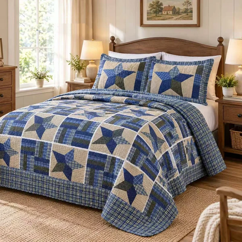 3pcs 100% Cotton Quilted Bedspread Queen King Size Quilt Five-Pointed Star Pattern Coverlet Blanket Double Bed Cover Non Slip Sh