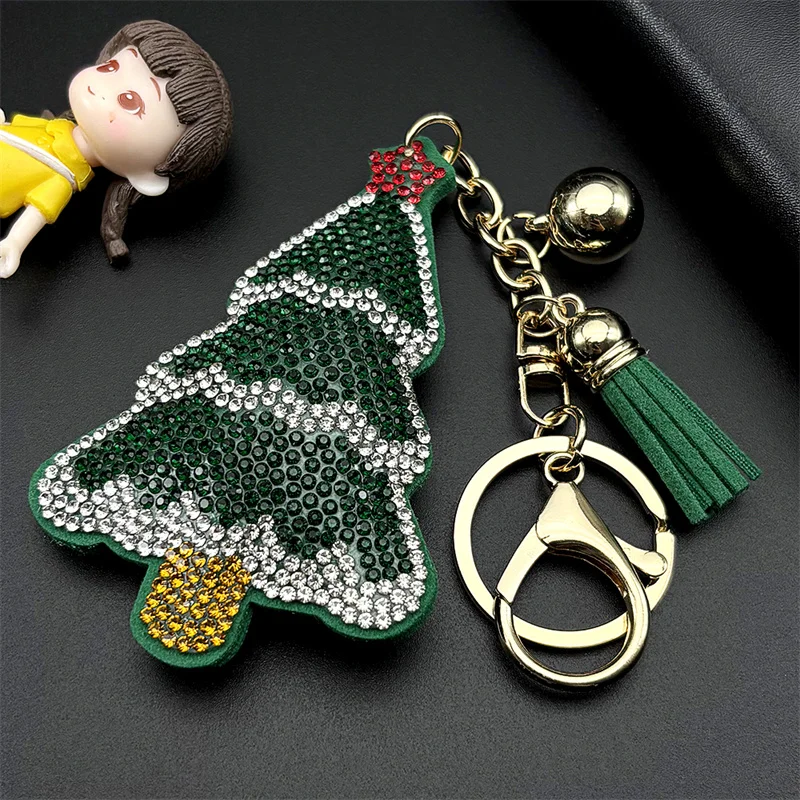 Green Christmas Tree Keyring For Women Men Full Blingbling Crystal Tassel Festival Cute Car Keychain Bag Pendant Jewelry Gifts