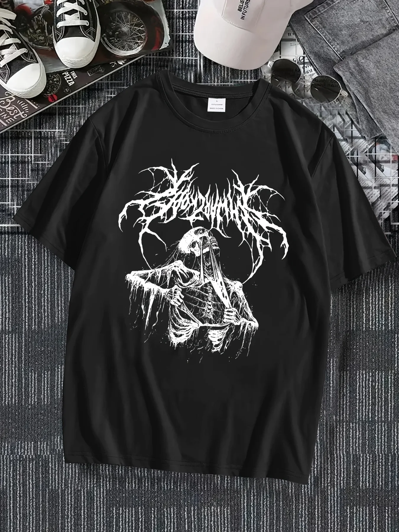Unisex Black Metal Grim Reaper Skeleton Graphic T Shirt Men Short Sleeve Tee Y2K Dark Horror Streetwear Cotton Tops
