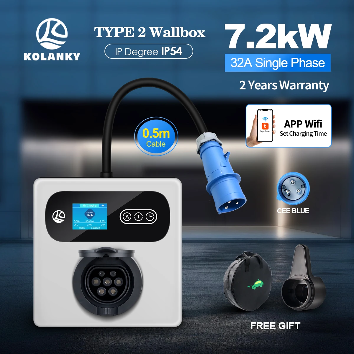Kolanky 32A 22KW EV Charger Mobile Wallbox 16A 11kW CEE to Type 2 Socket  Via Tuya  APP Set Charging Time For Electric Vehicle