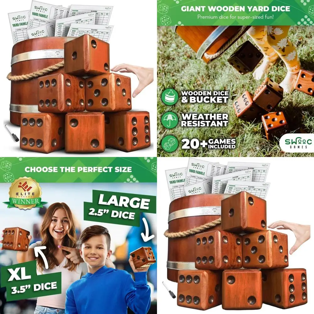 

All-Weather Giant Yard Dice Games Set: Yardzee, Farkle, and More with Wooden Bucket, Scorecards, and Marker for Adults