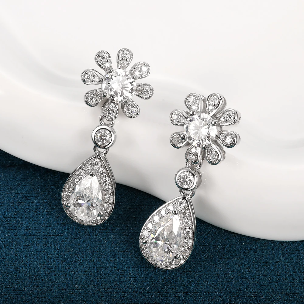 

HFE Moissanite Flower Drop Pendant Earrings Genuine 925 Sterling Silver Elegant Premium Wedding Birthday Gift Jewelry For Women