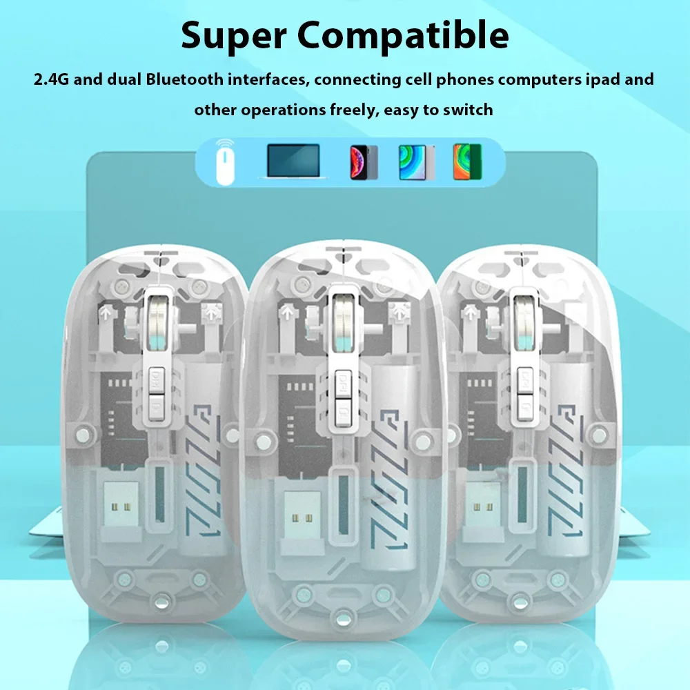 Mouse sem fio recarregável transparente, modo duplo, 2.4g, bluetooth, silencioso, ergonômico, para ipad, laptop, tablet, telefone, pc
