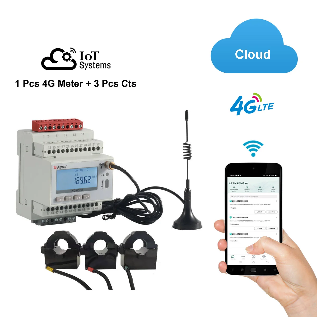 Acrel ADW300 MQTT Smart 4G Energy Meter 3 Phase Wireless Remote Power Monitoring with External 300A Cts For Building/Solar