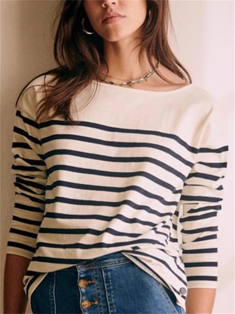 2024 Early Spring Women Tshirt Classic Stripes O-Neck Side Buttons Slit Ladies Long Sleeve T-Shirts