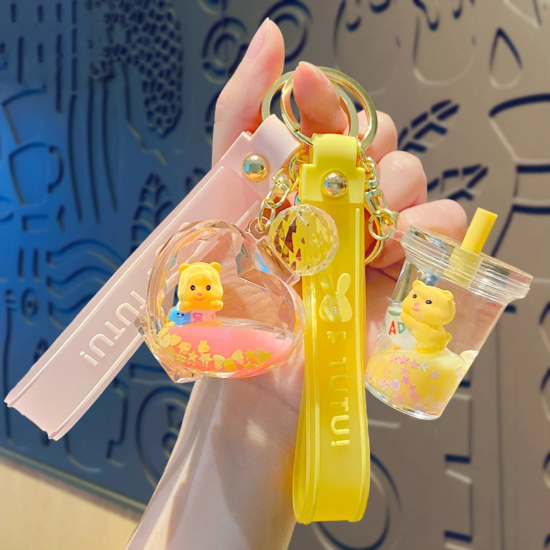 Cute Cream Bear Quicksand Pink Bottle Keychain Floating Butter Bear Sequins Perfume Bottle Yellow Pop Can Liquid Bag Keys Chain