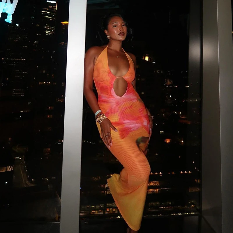 فستان ماكسي مثير بفتحة رسن بدون ظهر للنساء بدون أكمام مطبوع فستان صيفي للشاطئ غير رسمي 2025 ملابس لوليتا Y2K للربيع والصيف