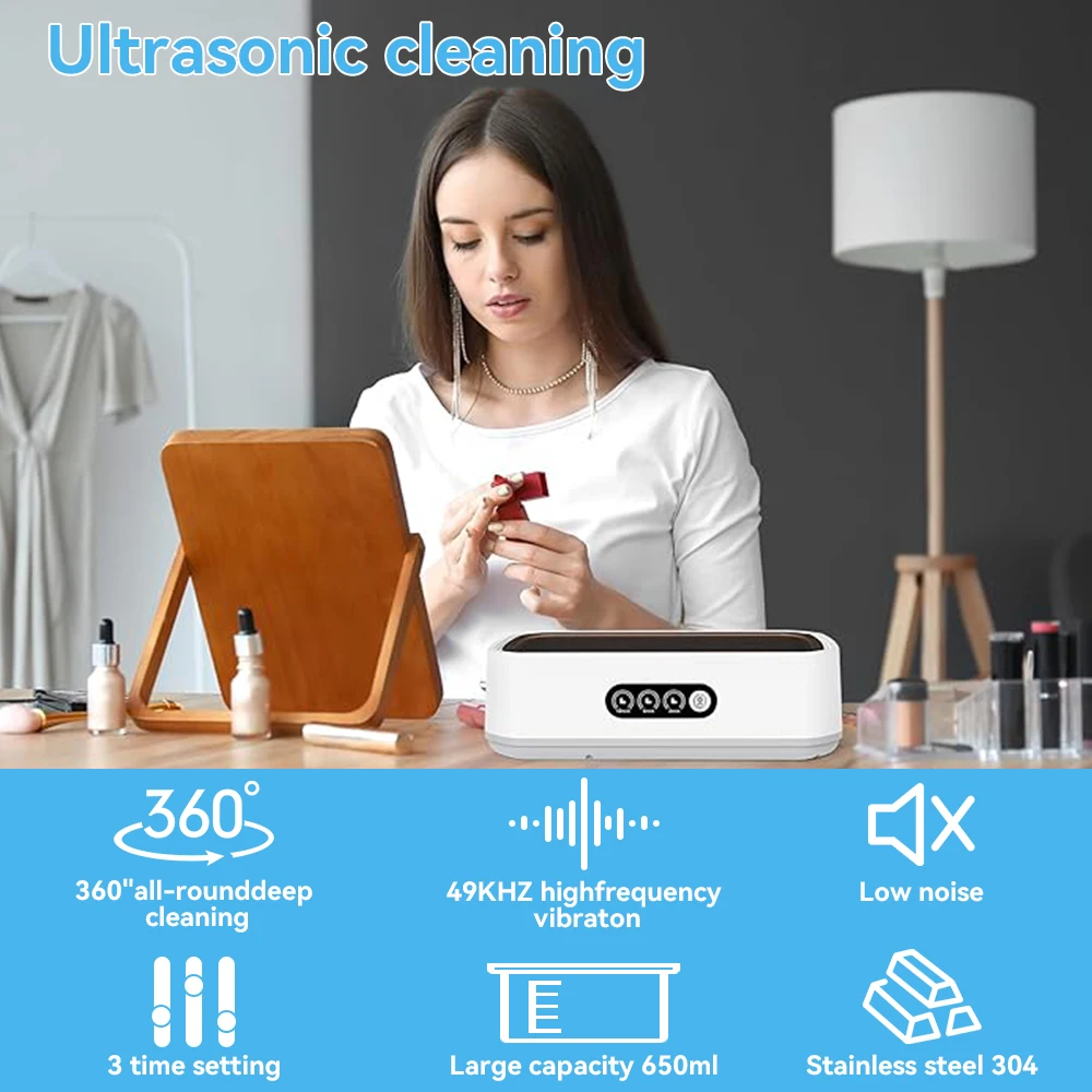 Ultrasonic Cleaning Machine 650ml Capaital High-frequency Vibration 360°All-Round Clean For Glasses Jewelry Professional Cleaner