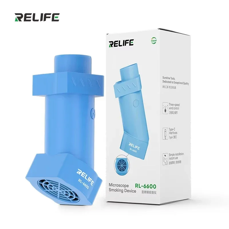 RELIFE RL-6600 현미경 연기 추출기, C타입 충전 인터페이스, 현미경용 강력한 기류 연기 배기 선풍기 도구