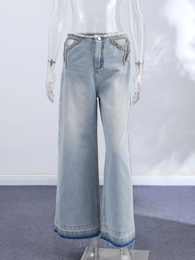 Women Low Waist Jeans Star Rhinestone Pants Cut Out Wide Leg Trousers Light Wash Distressed Denim Pants Street Woman Clothes