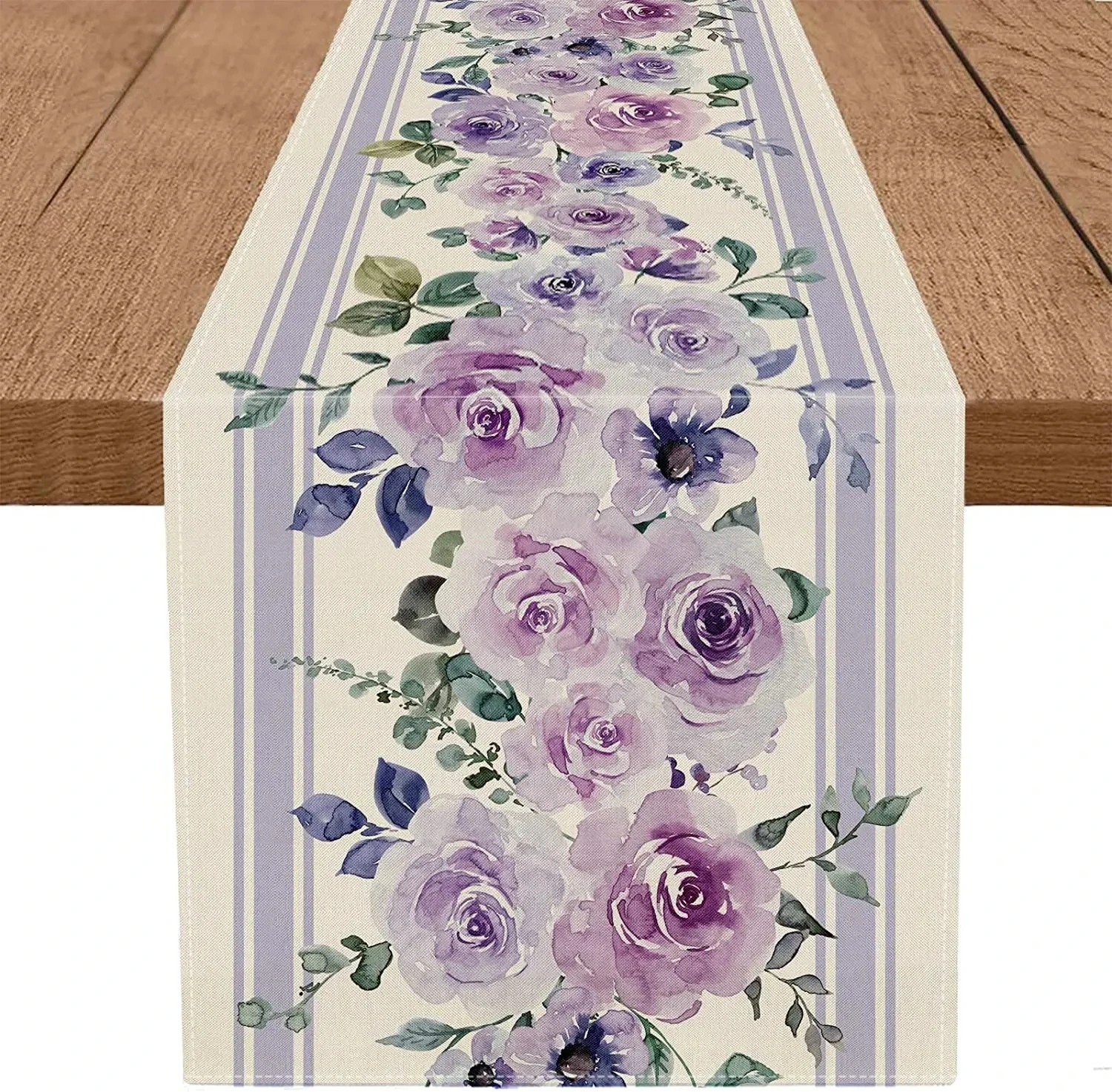 Violet Floral Leaves Linen Table Runner Holiday Party Decoration Washable Purple Flower Table Runner Kitchen Table Wedding Decor