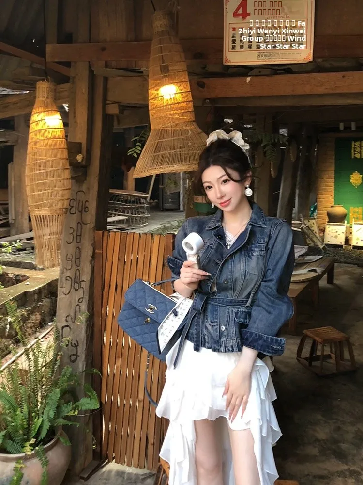 

Slimming Effect Blue Mood Waist-Cinching Denim Jaet ort Retro Sle Spring Outerwear Casual Cotton Blend Women's Coat