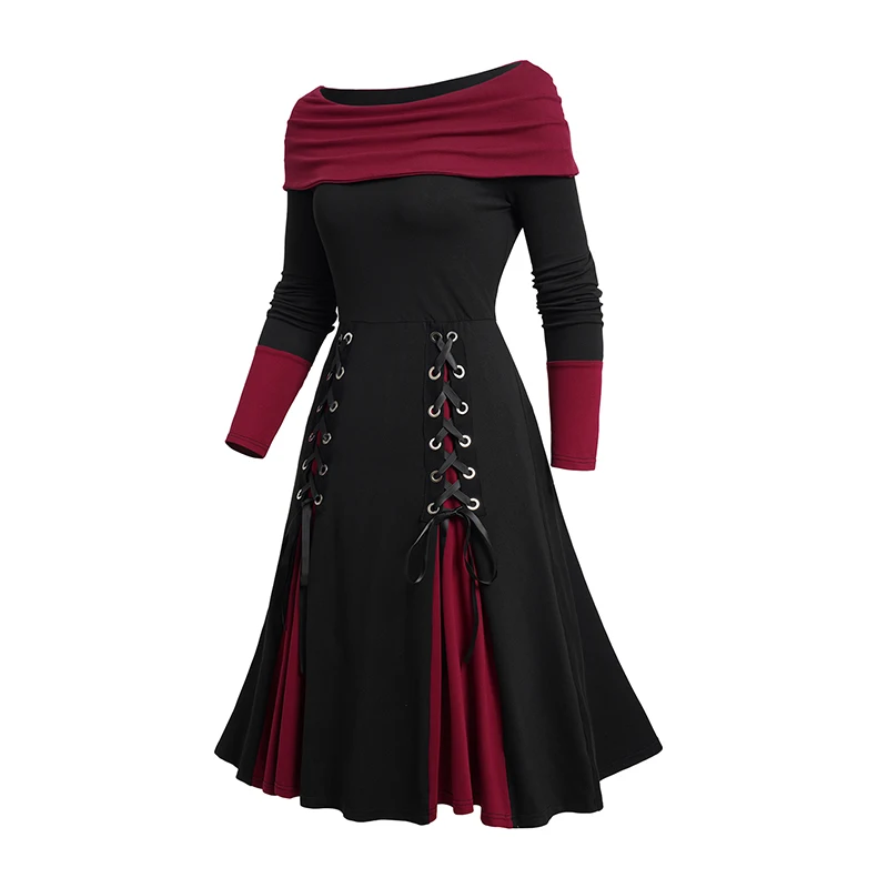 2024 Women\'s Off The Shoulder Dresses Bertha Collar Contrast Patchwork Lace Up Casual Dress Long Sleeves Fall Winter Dress