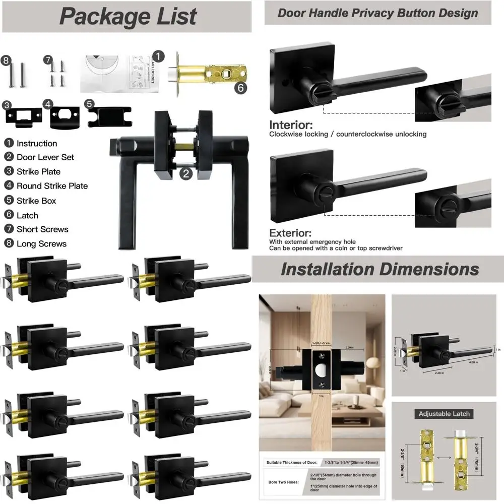 

Набор из 8 матовых черных дверных ручек, рычаги-защелки с внутренним ключом, реверсивные для левосторонних и правосторонних дверей