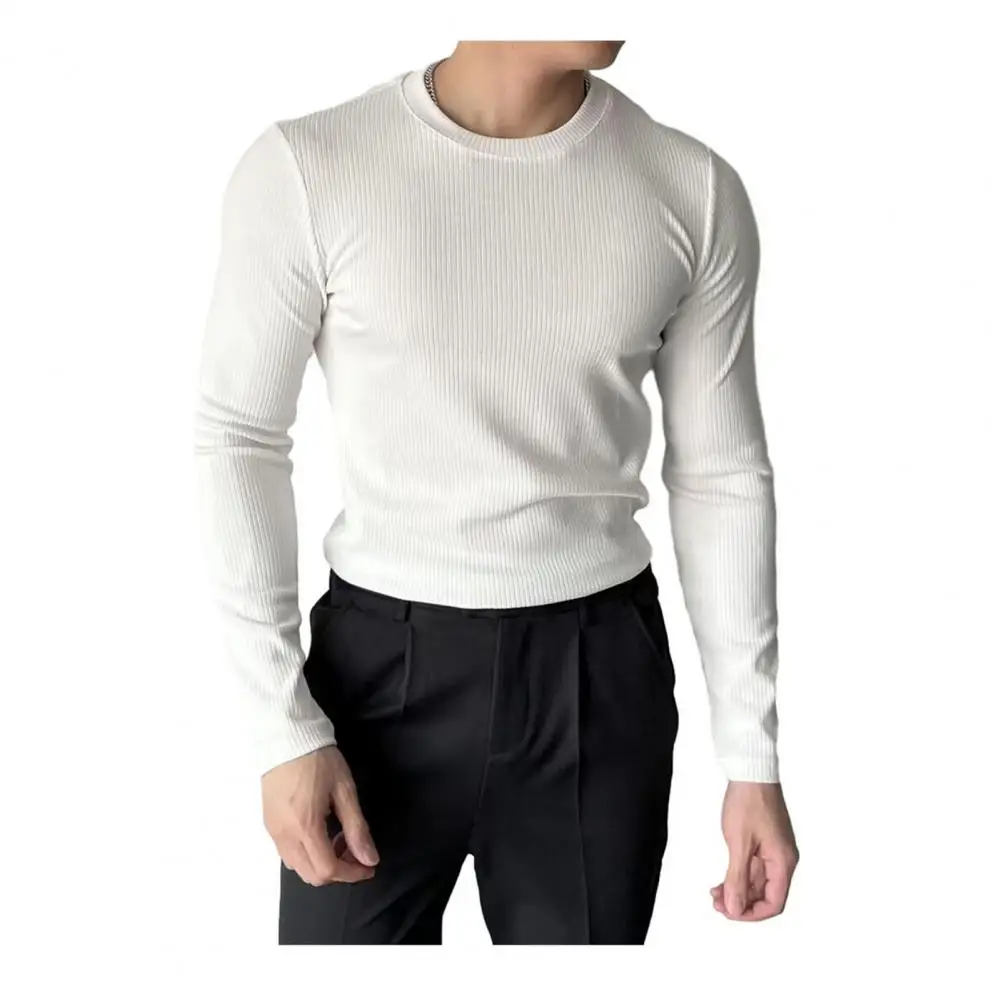 

Spring Men Fitness Top Slim Round Neck Stretchy Long Sleeves Solid Color Pullover Sport Top Winter Bottoming Clothes