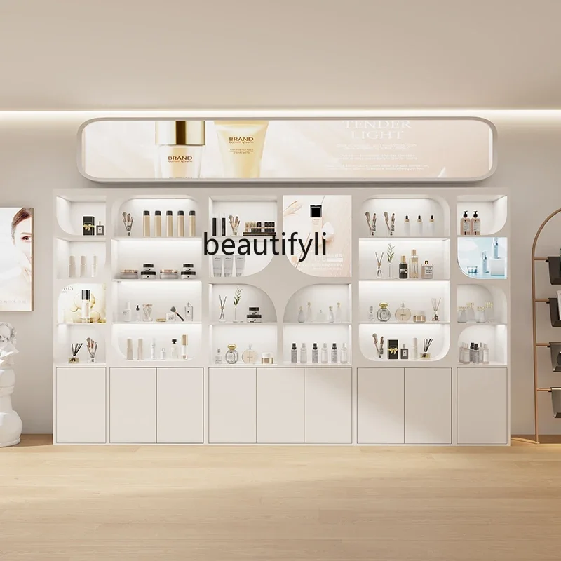 

02Beauty salon product display cabinet high-end display rack background wall cosmetic storage rack