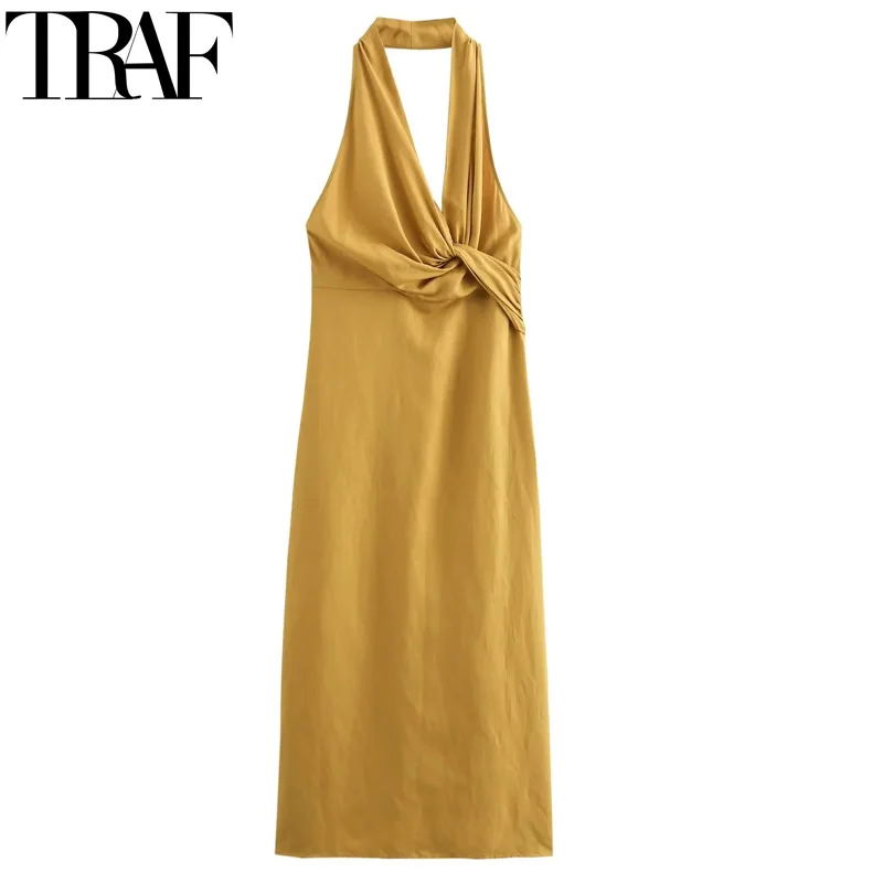 TRAF Knot Long Dresses Halter Neck Sleeveless Dress Woman Pleated Backless Party Dresses For Women Summer Elegant Midi Dresses