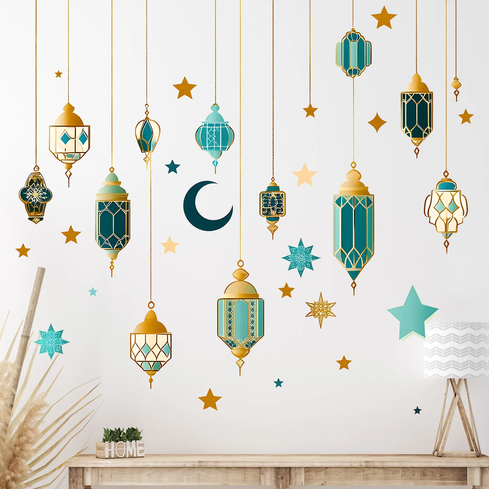 Middle Eastern Vintage Blue Chandelier Wall Stickers Self Adhesive Removable Decals for Bedroom Study Background Home Decor