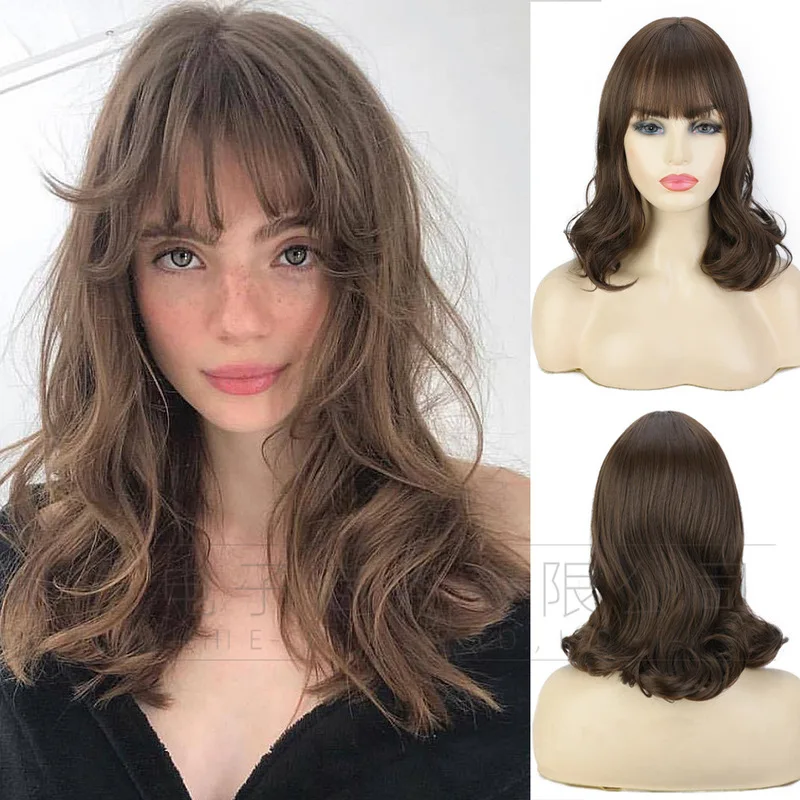 Women's European and American style wig with bangs, fashionable short curly hair with inward curls at the ends, machine-made wig