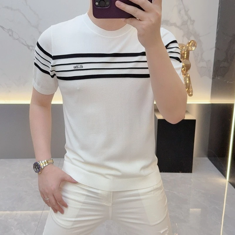 

Classic Striped Knitted T-shirt for Men 2025 Autumn Round Neck Short Sleeved Sweater Slim Fit Casual Business Streetwear Tshirts