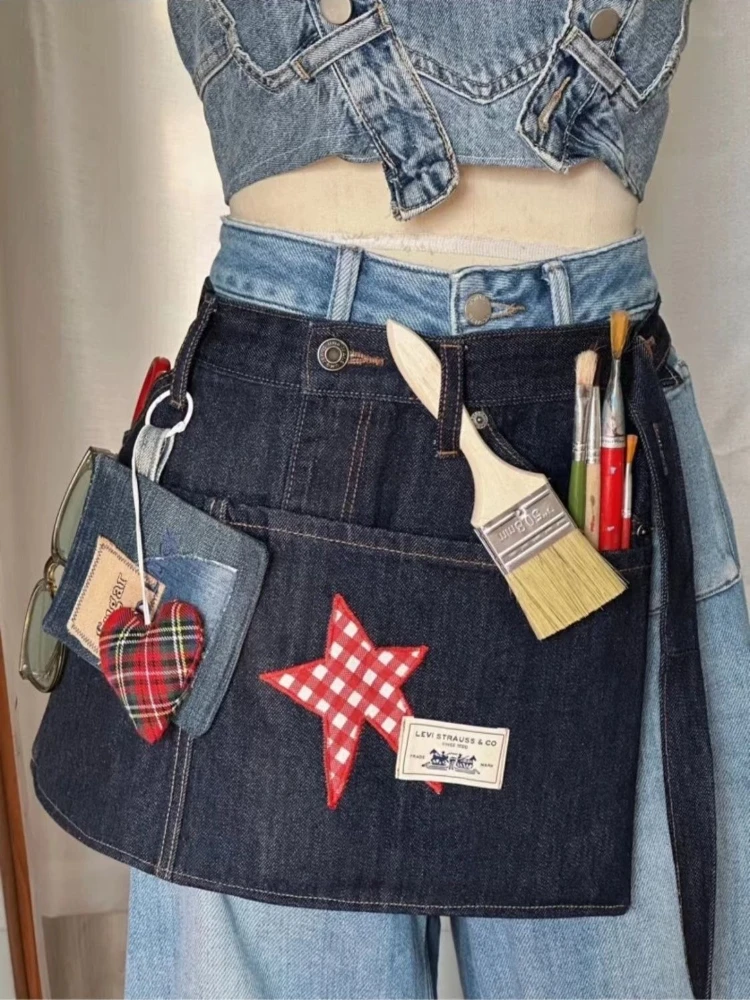 حزام نسائي من قماش الدنيم المغسول بتصميم عتيق - تنورة مريلة مكونة من 5 جيوب مع زينة على شكل نجمة متباينة |   Y2K ملابس الشارع والطبقات الأساسية