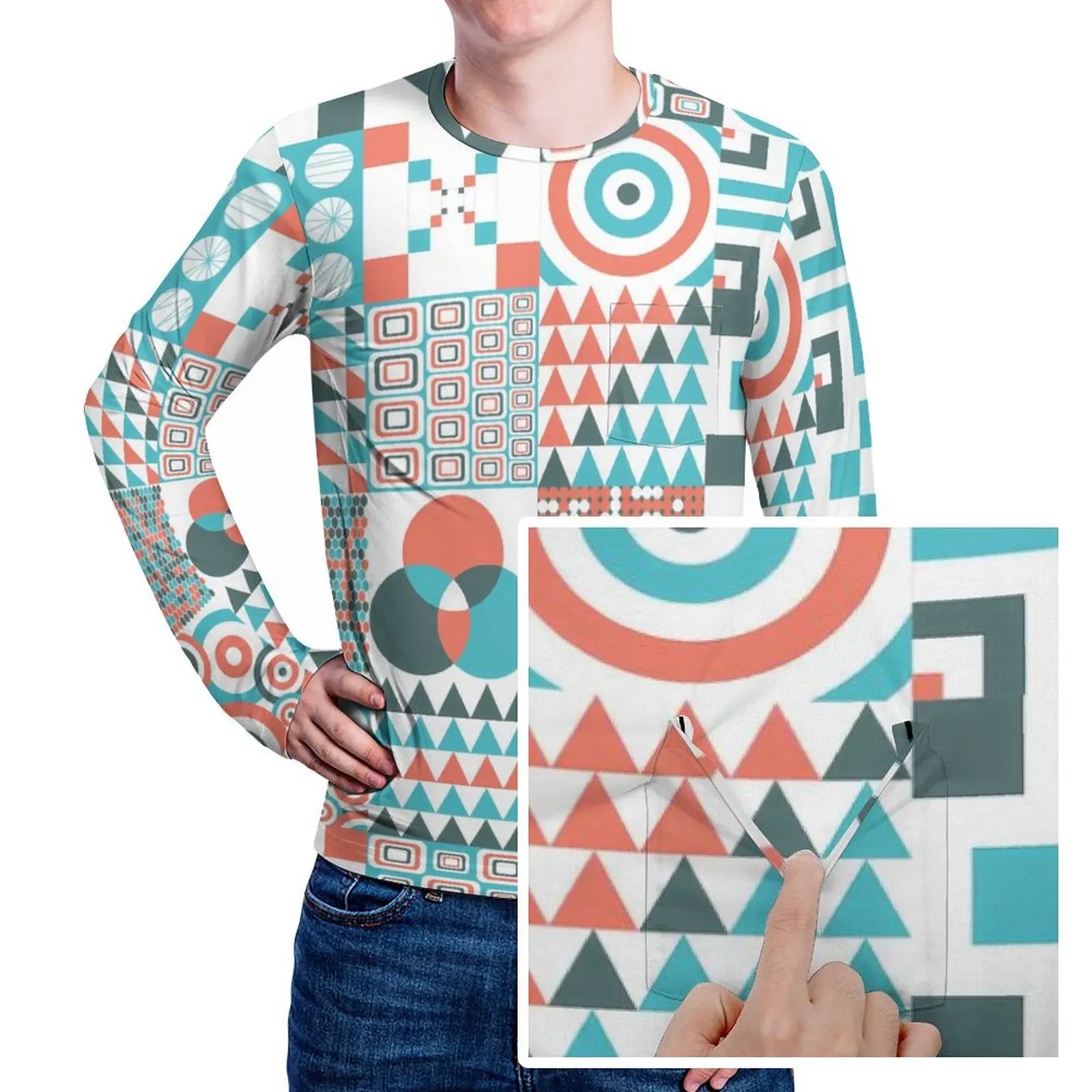 Retro Tribal T Shirt Men Geometric Shape Print Funny T Shirts Autumn Harajuku Tees Long Sleeve Design Plus Size Tops