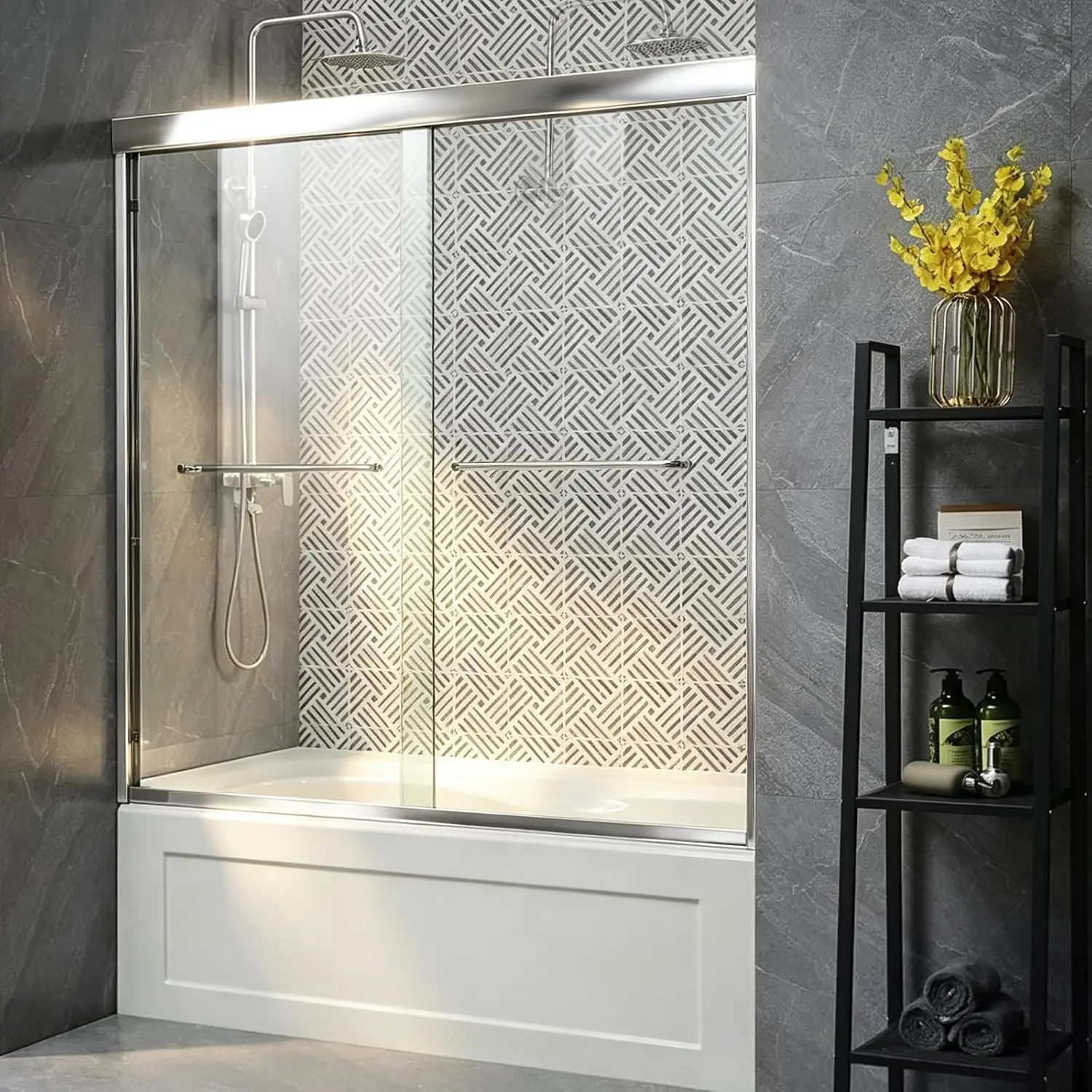Chrome Bathtub Glass Door Semi Frameless Sliding Reversible Adjustable Six Millimeter Clear Tempered Width Sixty Height