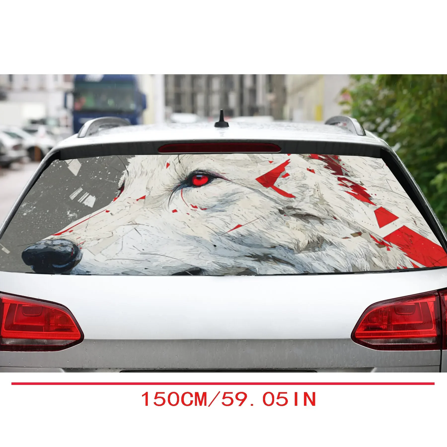Red Eyes Bleeding White Wolf PVC Perforated Car Vinyl Wraps, Durable Car Rear Windshield Sticker, Waterproof Car Rear Window Dec
