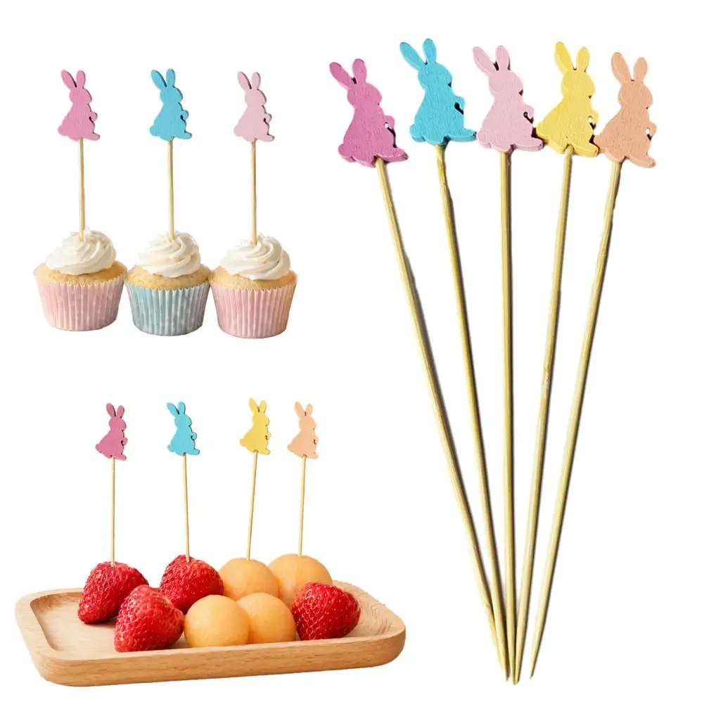 Multi-color Bamboo Skewers 100pcs Bamboo Fruit Tags Easter Bunny Cocktail Picks Multi-color Disposable Skewers for Fruits