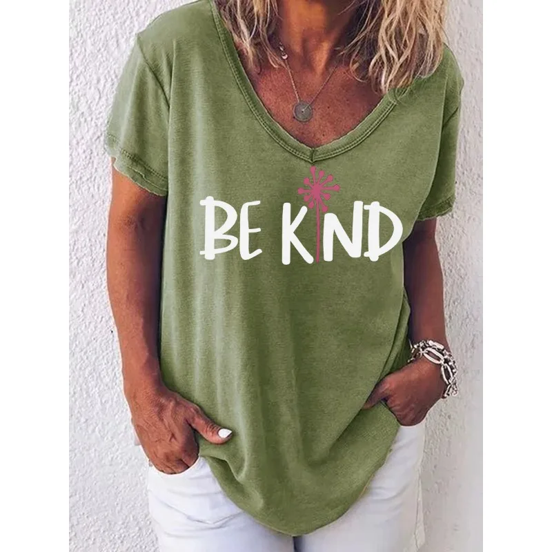 ilstile Women's BE KIND Print T-Shirts Summer Short Sleeve T Shirt Casual Loose V Neck Tops Tees New Arrival