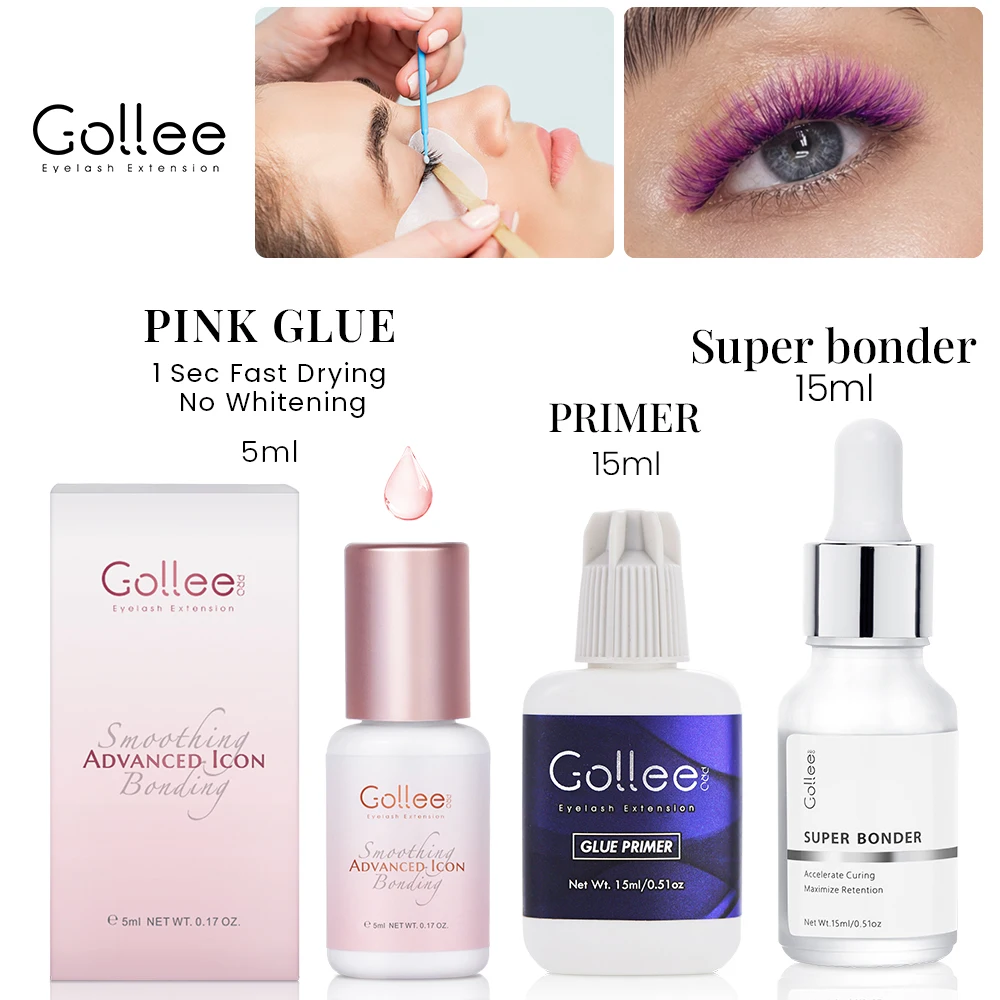Pegamento para Extensiones de Pestañas Gollee 1-2s, Secado Rápido, Larga Duración (6-8 Semanas), Adhesivo para Pestañas con Primer, 15ml, Super Bonder, Color Rosa, Maquillaje para Pestañas
