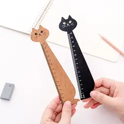 Straight Ruler Retro Sturdy Clear Scale Stationery Cartoon Cat Wooden Drawing Ruler for School Measuring Drawing Office Supply